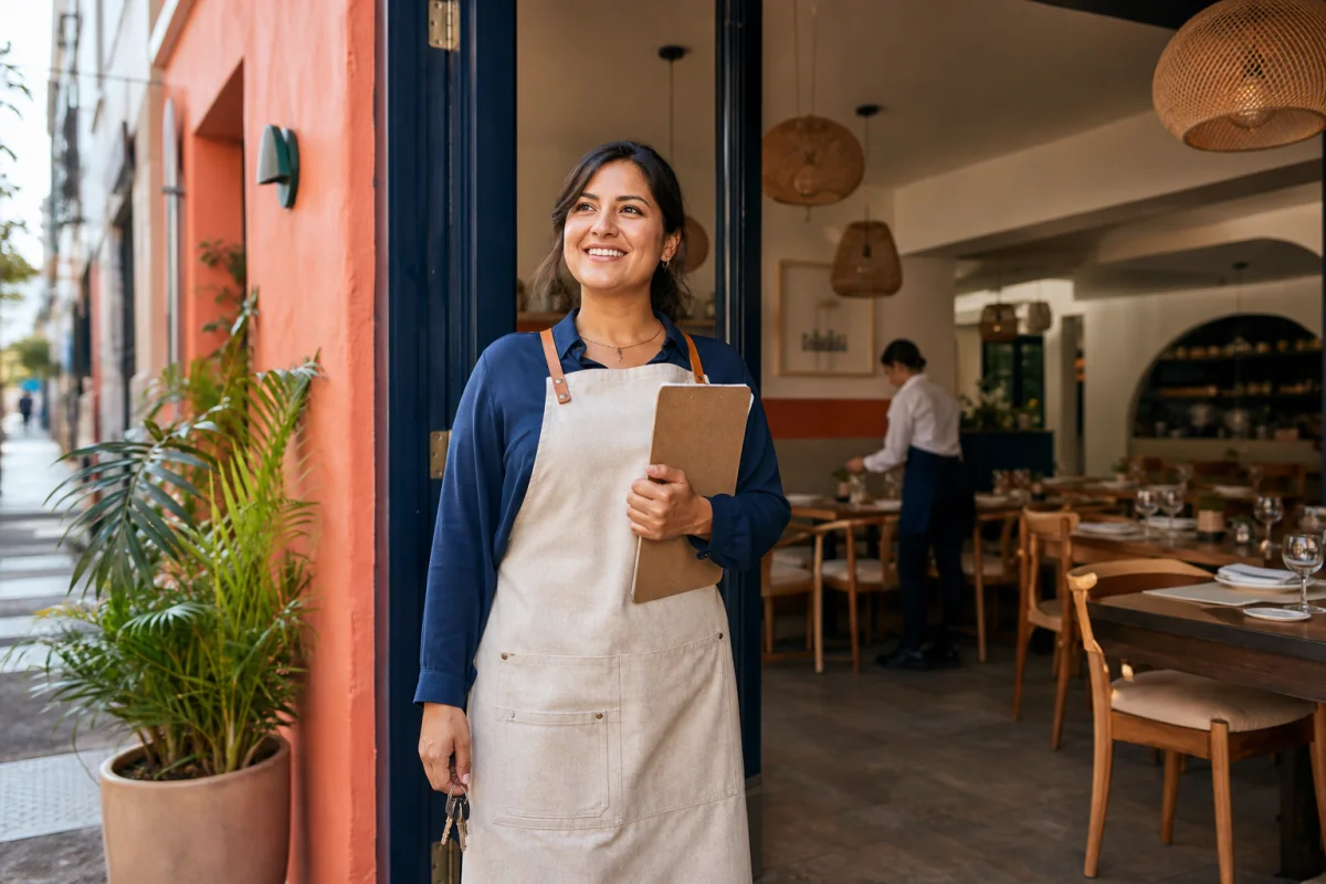 Emprendedora en la entrada de su nuevo restaurante lista para la apertura