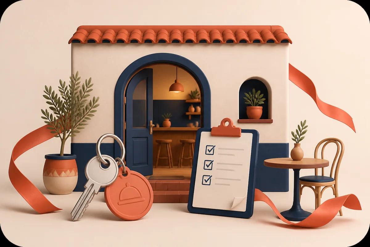 Ilustración de un restaurante nuevo con llaves y lista de apertura