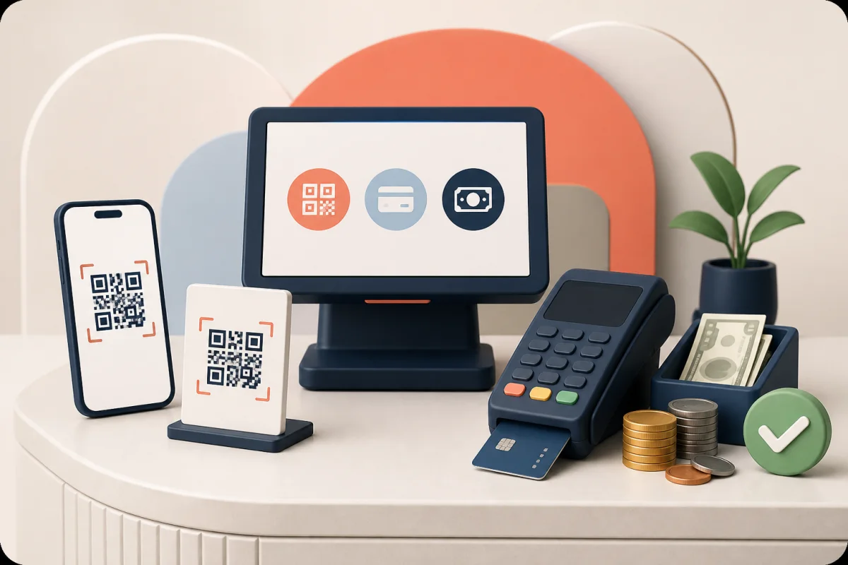 Ilustración de pagos con código QR, tarjeta y efectivo conciliados