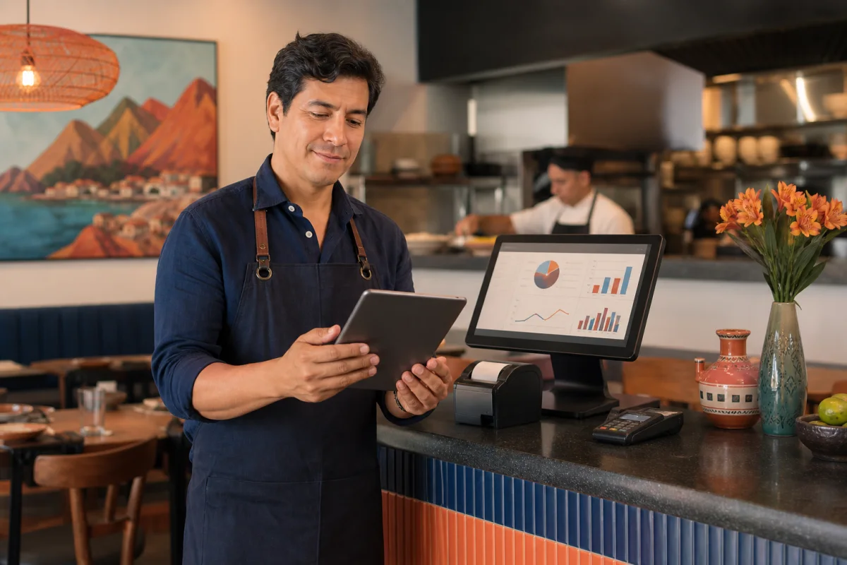 Dueño de restaurante comparando opciones de software en una tablet junto a un sistema POS