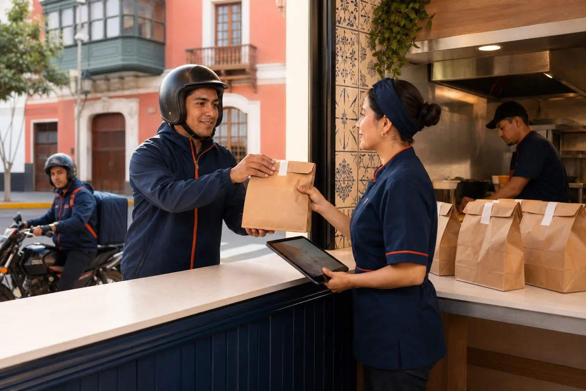 Coordinadora entregando un pedido a un repartidor del restaurante