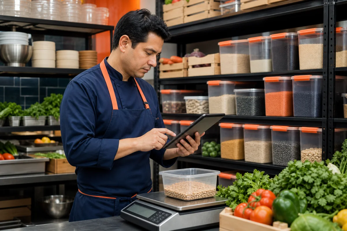 Chef controlando en una tablet el inventario organizado de insumos del restaurante