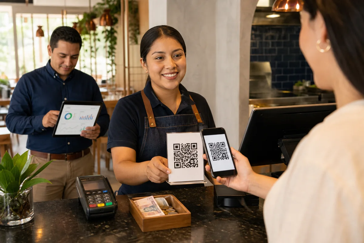 Cliente pagando con código QR en la caja de un restaurante