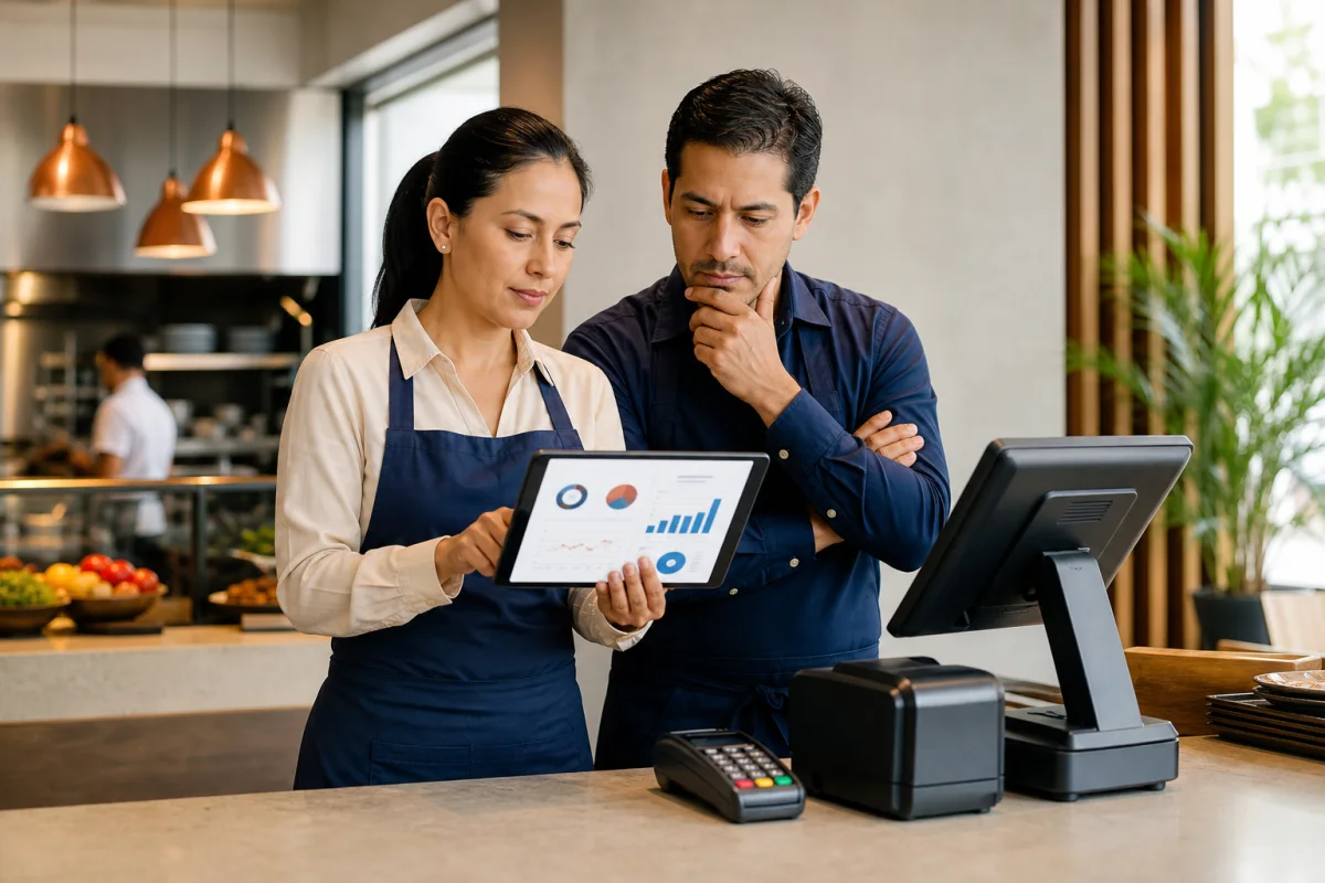 Administradores de restaurante revisando los costos de un sistema POS
